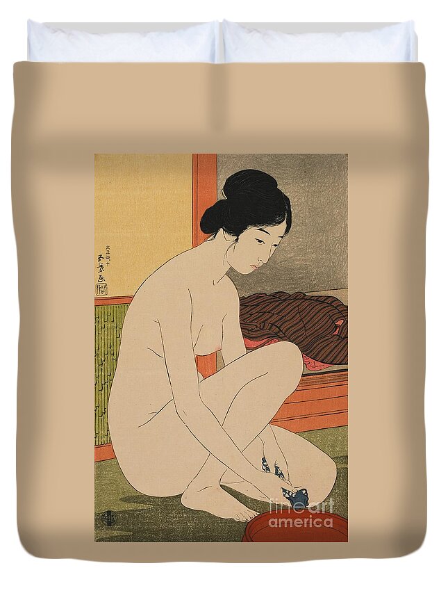 Japanese Duvet Cover featuring the painting Woman Bathing Taisho era by Goyo Hashiguchi