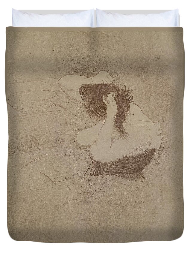 Post-impressionist Duvet Cover featuring the drawing Woman Combing Her Hair, From Elles, 1896 by Henri de Toulouse-Lautrec