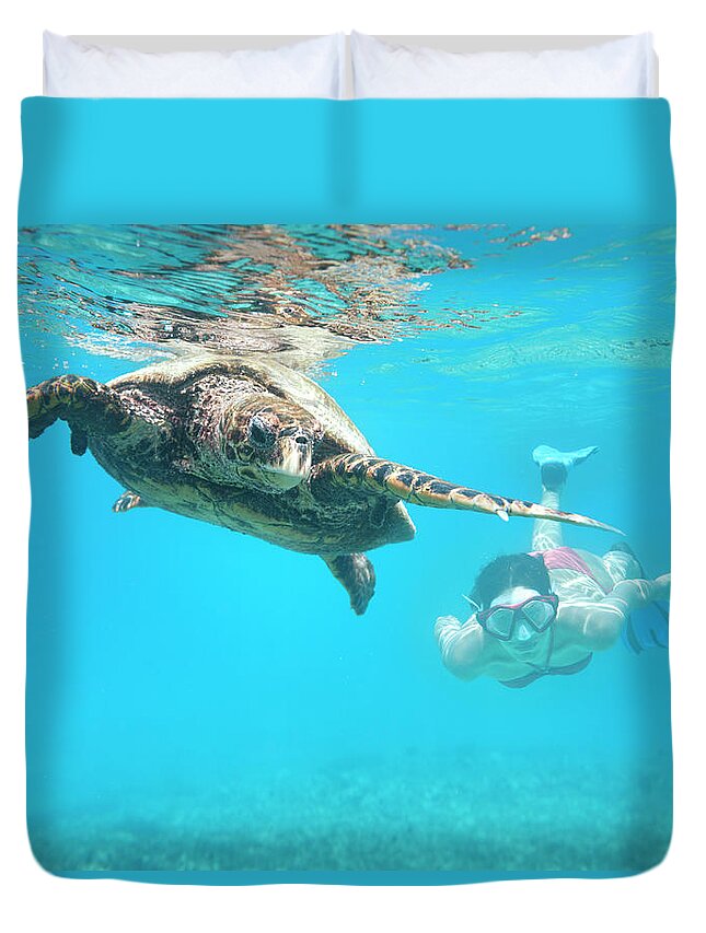 Underwater Duvet Cover featuring the photograph Woman Diving With A Hawksbill Sea by 4fr