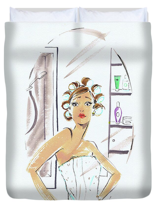 20-24 Years Duvet Cover featuring the painting Woman In Curlers And Towel Looking by Ikon Images