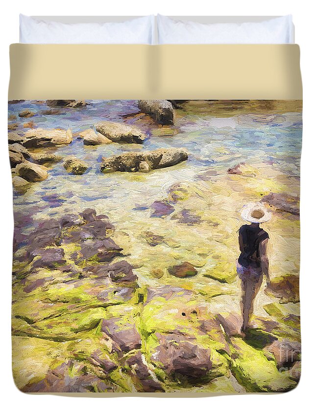 Woman Duvet Cover featuring the photograph Woman in hat on rockshelf by Sheila Smart Fine Art Photography