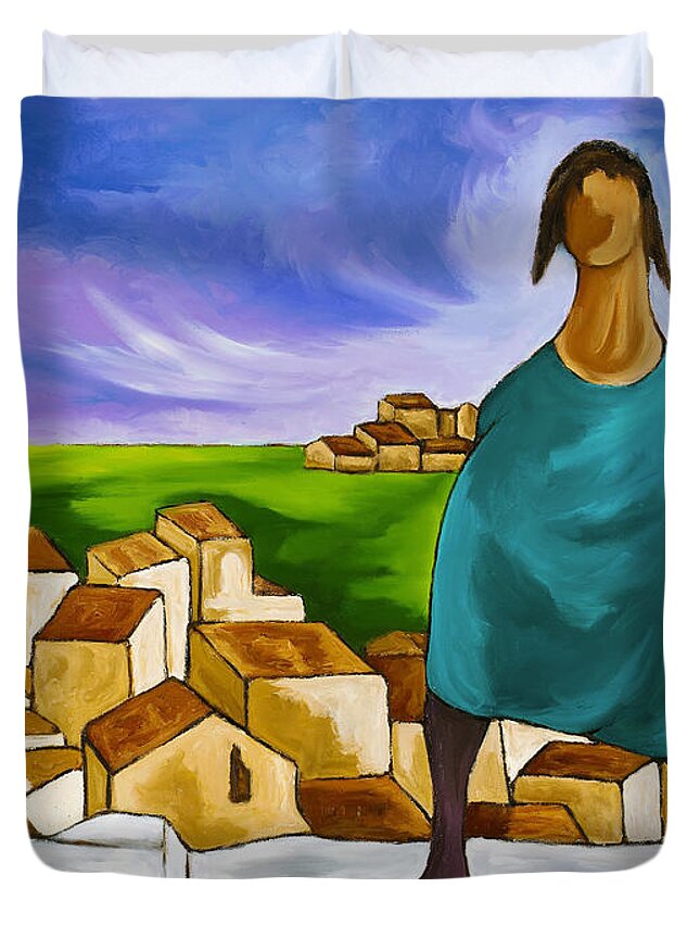 Mediterranean Woman Duvet Cover featuring the painting Woman On Village Steps by William Cain