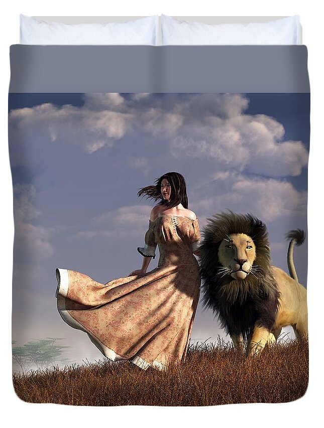 Lion Duvet Cover featuring the digital art Woman With African Lion by Daniel Eskridge