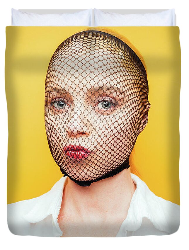People Duvet Cover featuring the photograph Woman With Fishnet Stocking Over Face by Ian Ross Pettigrew