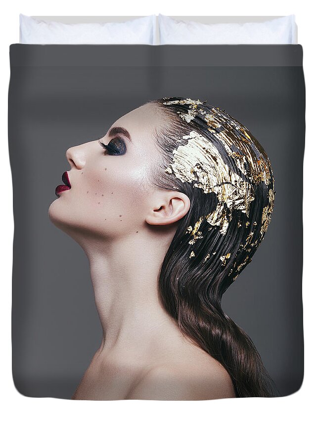 Cool Attitude Duvet Cover featuring the photograph Woman With Foil Hairstyle by Lambada