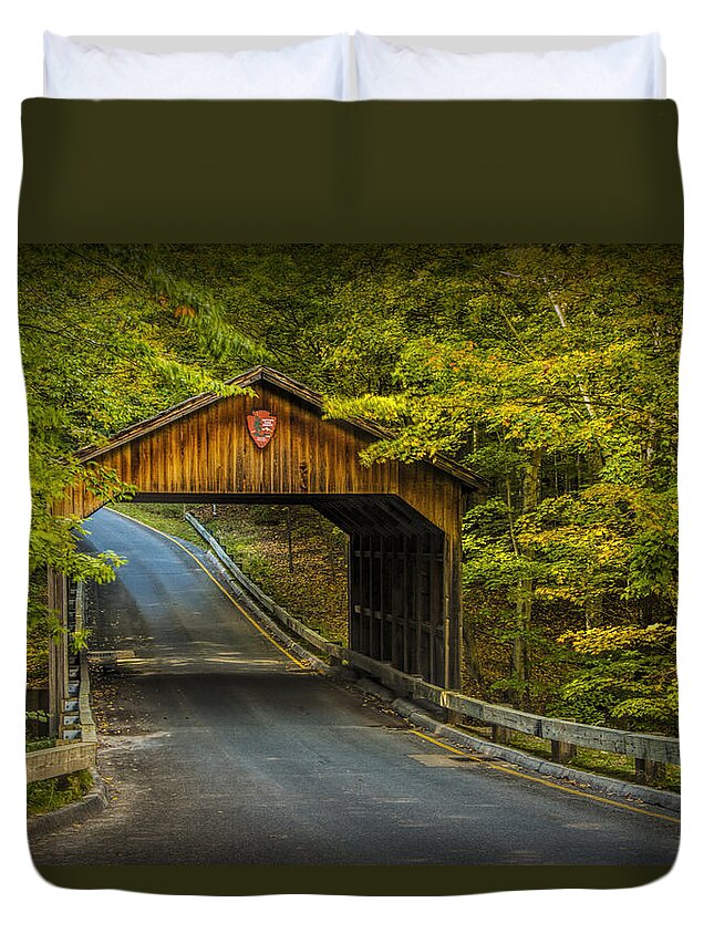 Art Duvet Cover featuring the photograph Wood Covered Bridge in Autumn at Sleeping Bear Dunes by Randall Nyhof