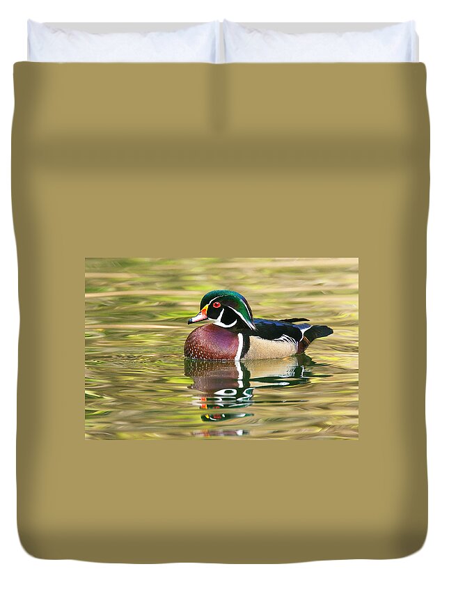 Wood Duck And Reflection Duvet Cover featuring the photograph Wood Duck by Ram Vasudev