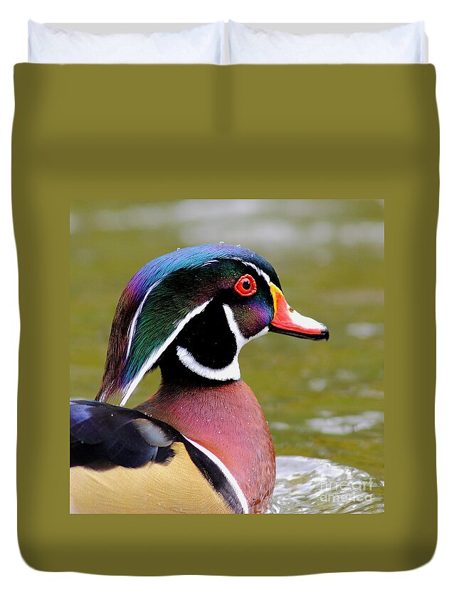 Woodduck Duvet Cover featuring the photograph Wood Duck With Water Beads by Robert Frederick