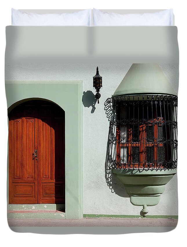 Architectural Feature Duvet Cover featuring the photograph Wooden Closed Door, Window And Green by Anknet