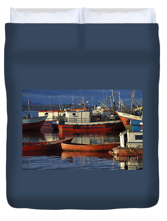 Chile Duvet Cover featuring the photograph Wooden Fishing Boats Docked In Chile by John Shaw