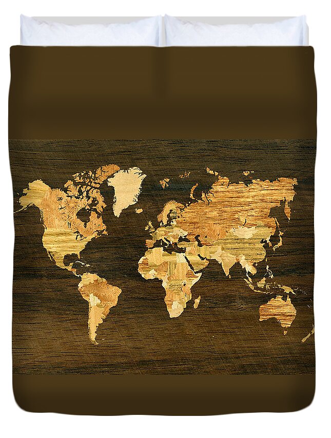 World Duvet Cover featuring the digital art Wooden World Map by Hakon Soreide