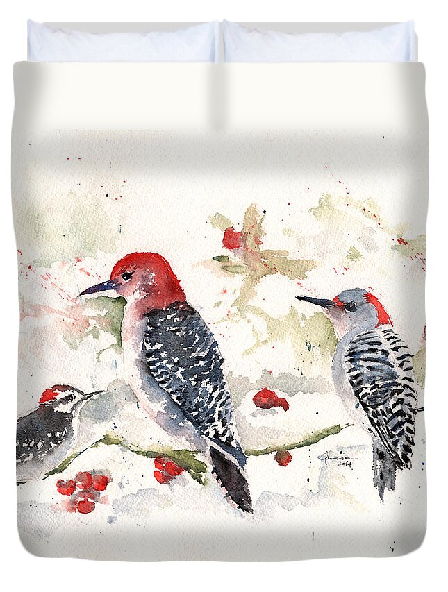 Woodpecker Duvet Cover featuring the painting Woodpeckers in the Snow by Claudia Hafner