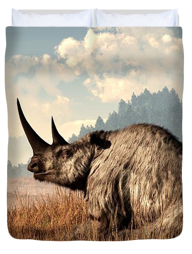 Rhino Duvet Cover featuring the digital art Woolly Rhino and a Marmot by Daniel Eskridge