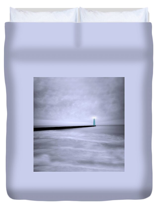 Working Duvet Cover featuring the photograph Working Lighthouse On The Pier by Dtokar