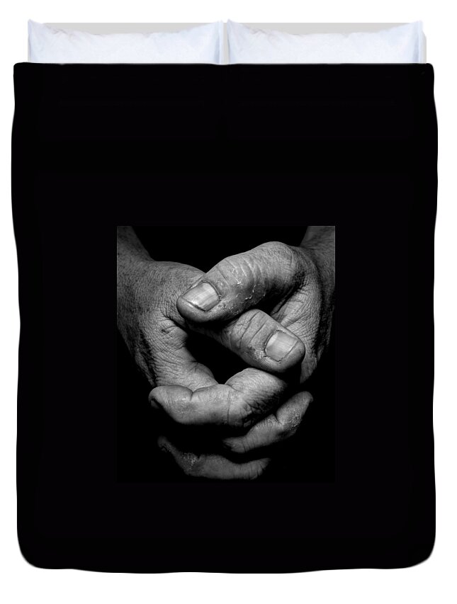 Black And White Image Of A 'working Man's Hands' Duvet Cover featuring the photograph Working Man's Hands by Shannon Louder