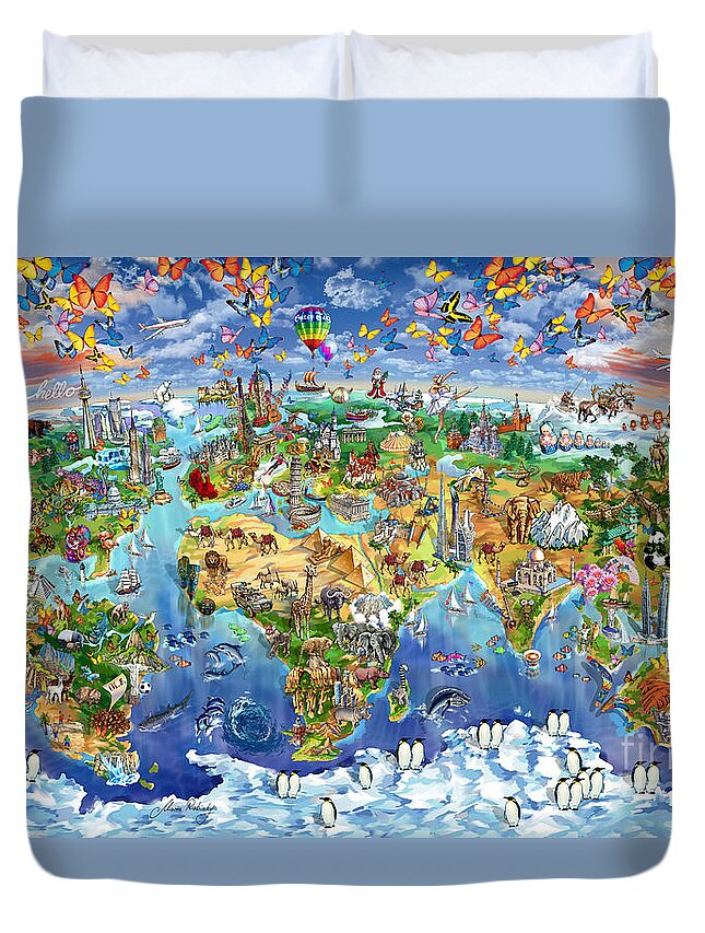 World Map Duvet Cover featuring the painting World Map of world wonders by Maria Rabinky
