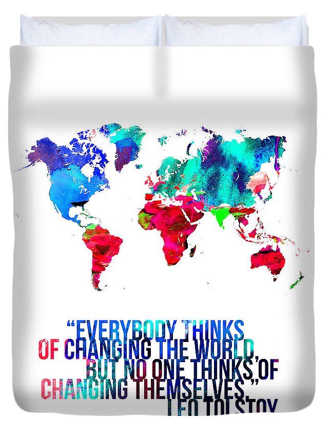 Atlas Duvet Cover featuring the painting World Map with a Quote 1 by Naxart Studio
