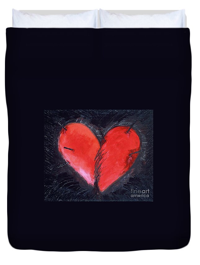 Heart Duvet Cover featuring the painting Wounded Heart by Karen Francis