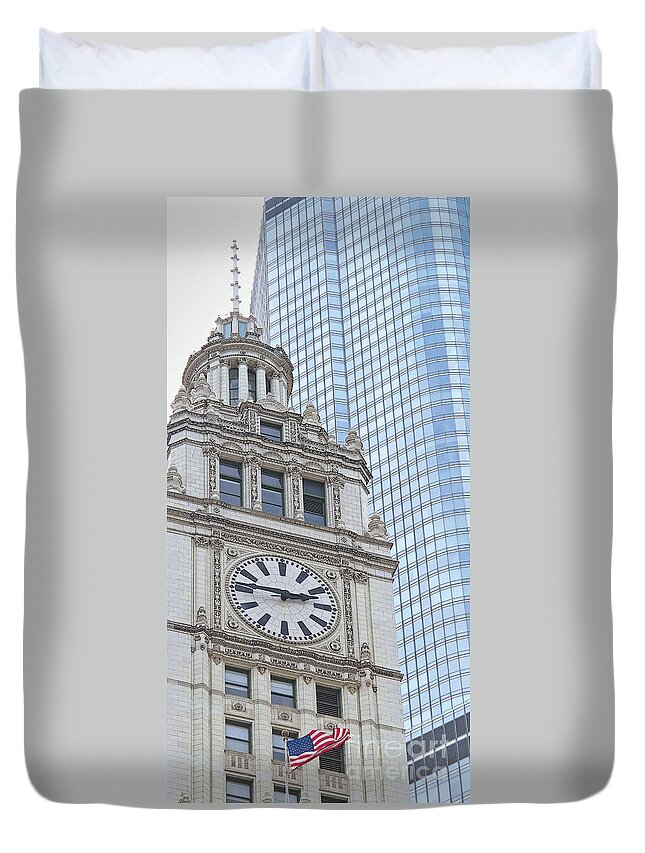Chicago Duvet Cover featuring the photograph Wrigley Clock Tower by Ann Horn