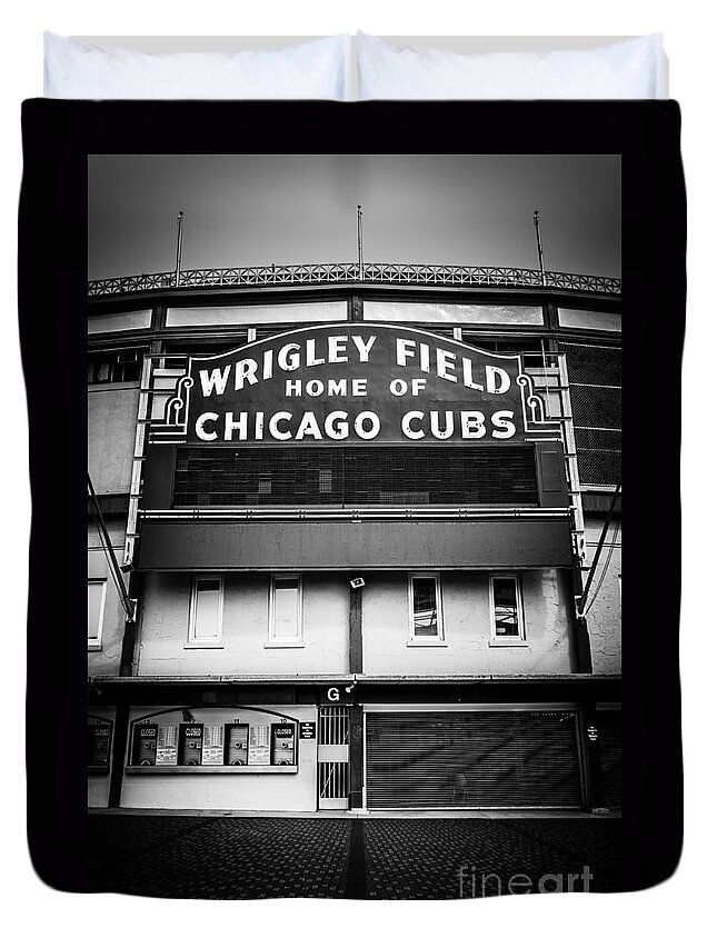 America Duvet Cover featuring the photograph Wrigley Field Chicago Cubs Sign in Black and White by Paul Velgos