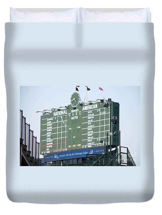 Chicago Duvet Cover featuring the photograph Wrigley Field Scoreboard Sign by Paul Velgos