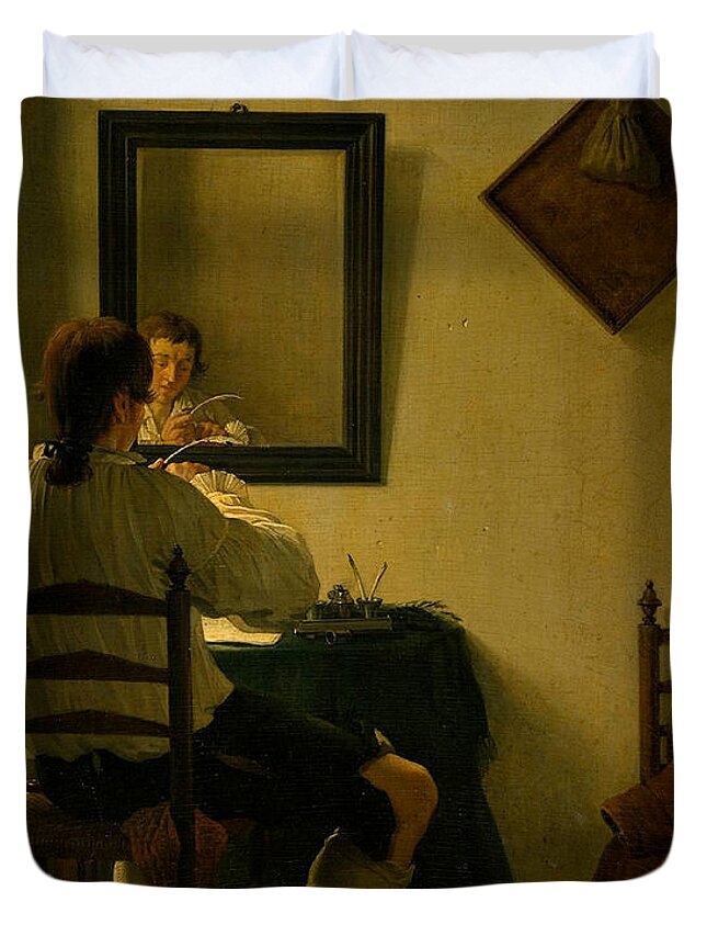 Jan Ekels Duvet Cover featuring the painting Writer Trimming his Pen by Jan Ekels