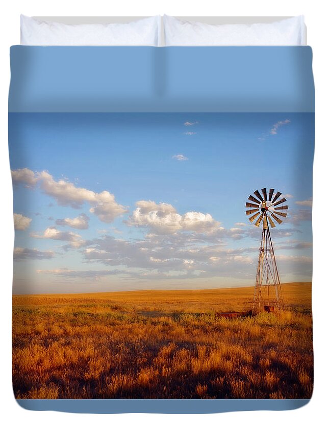Wyoming Duvet Cover featuring the photograph Windmill at Sunset by Amanda Smith