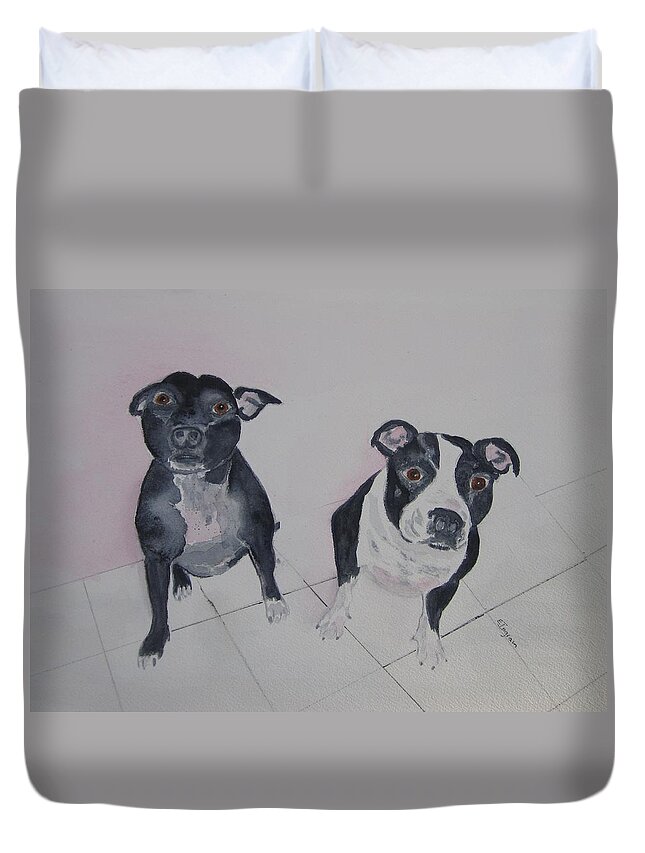 Dogs Duvet Cover featuring the painting Are you looking at me by Elvira Ingram