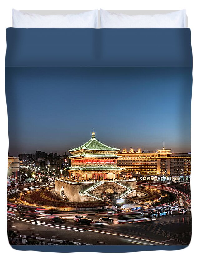 Orange Color Duvet Cover featuring the photograph Xian,the Bell Tower At Dusk,with by Martin Puddy