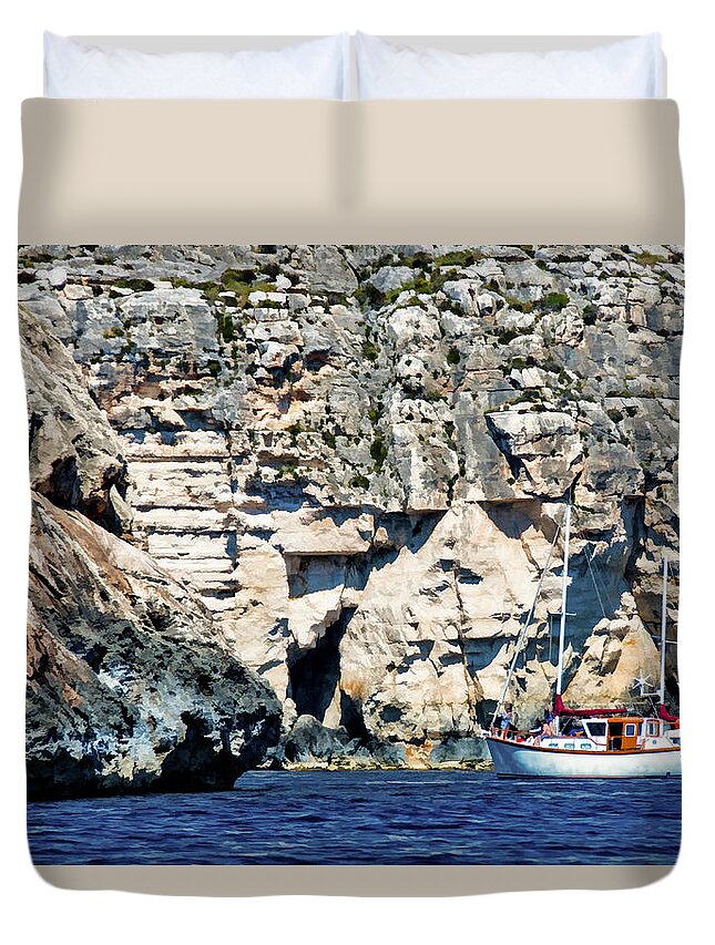 Europe Duvet Cover featuring the photograph Yacht in sea near Popeye village by Neil Alexander Photography