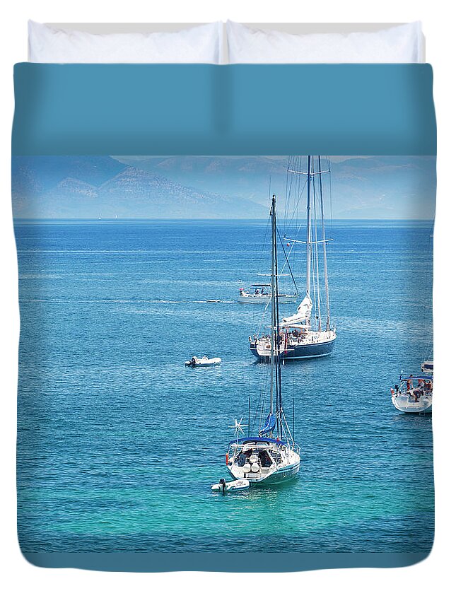 Water's Edge Duvet Cover featuring the photograph Yachts In Corfu by Gosiek-b