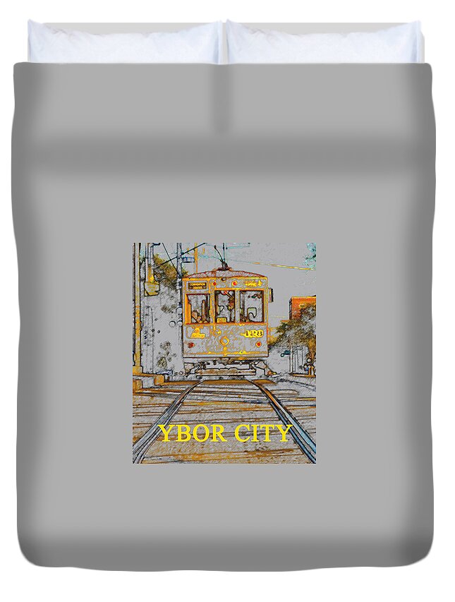 Ybor City Florida Duvet Cover featuring the painting Ybor Trolley by David Lee Thompson