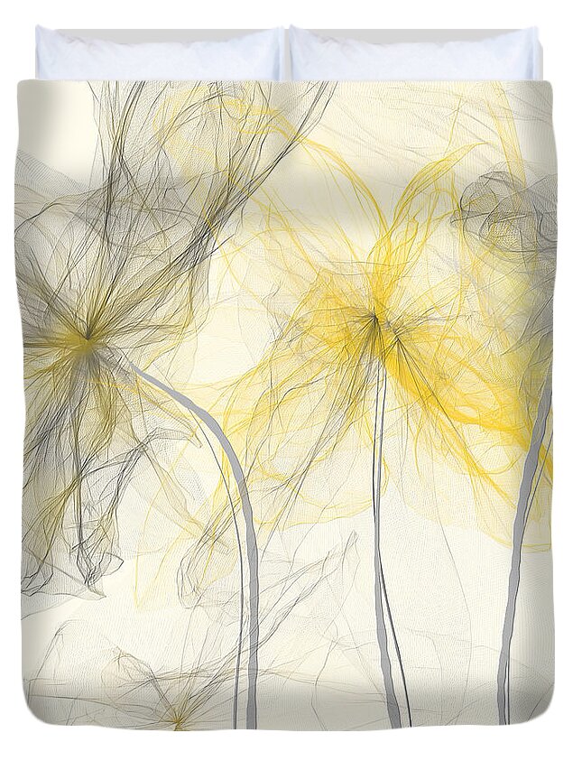 Yellow Duvet Cover featuring the painting Yellow And Gray Flowers Impressionist by Lourry Legarde