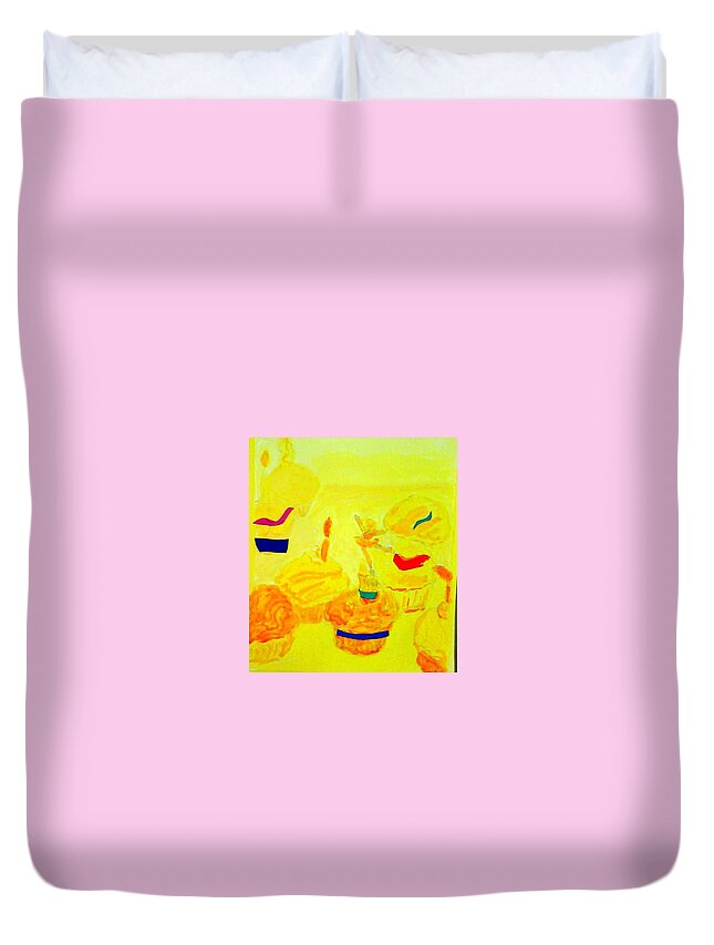Yellow Cupcakes Duvet Cover featuring the painting Yellow Cupcakes by Suzanne Berthier