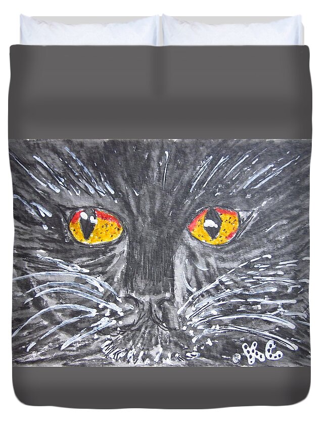 Yellow Eyes Duvet Cover featuring the painting Yellow Eyed Black Cat by Kathy Marrs Chandler