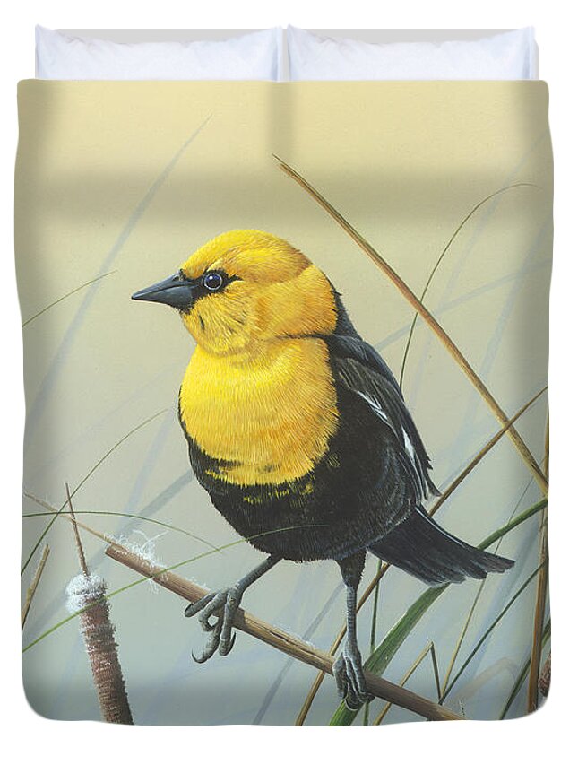 Yellow-headed Black Bird Duvet Cover featuring the painting Yellow-headed Black Bird by Mike Brown