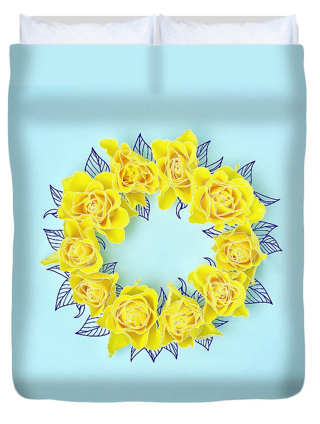 Sparse Duvet Cover featuring the photograph Yellow Roses In A Circle With Drawings by Juj Winn