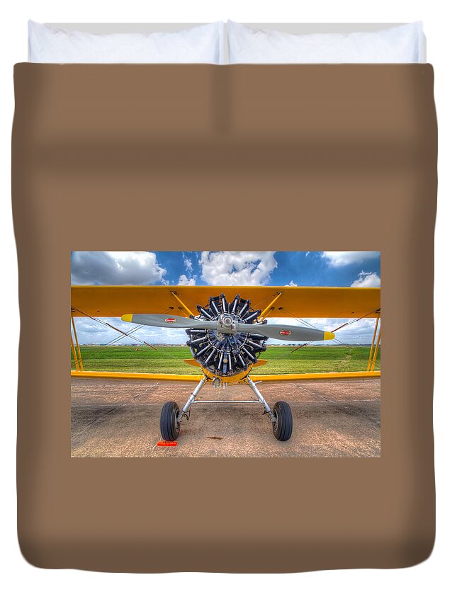 Ellington Field Duvet Cover featuring the photograph Yellow Stearman by Tim Stanley