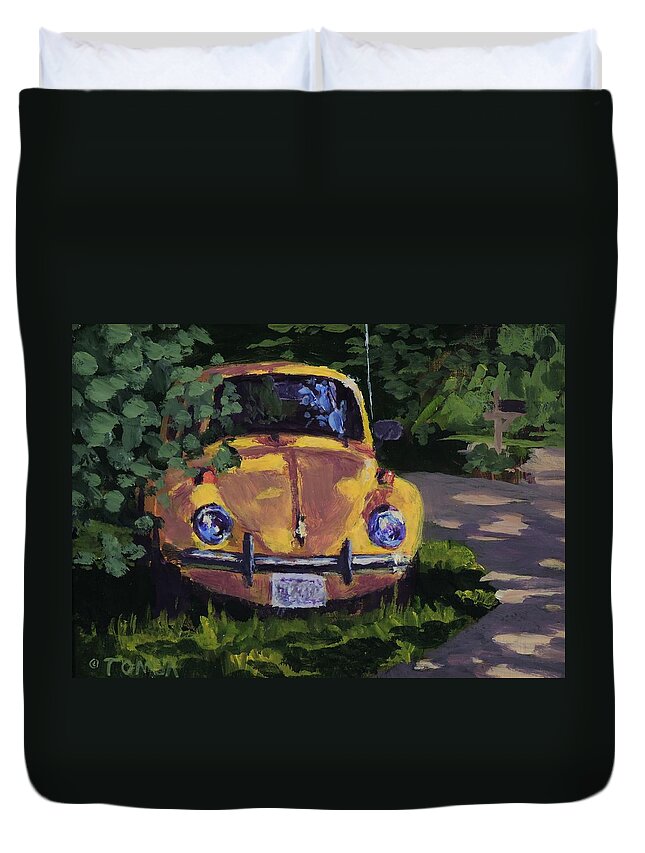 Car Art Duvet Cover featuring the painting Yellow Vee Dub by Bill Tomsa