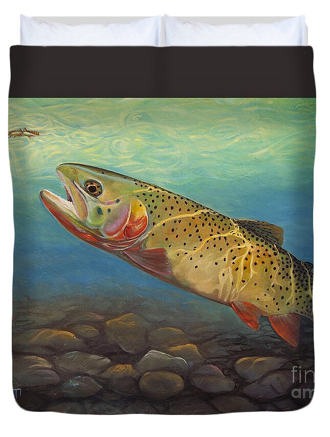 Wall Art Duvet Cover featuring the painting Yellowstone Cut Takes a Salmon Fly by Robert Corsetti