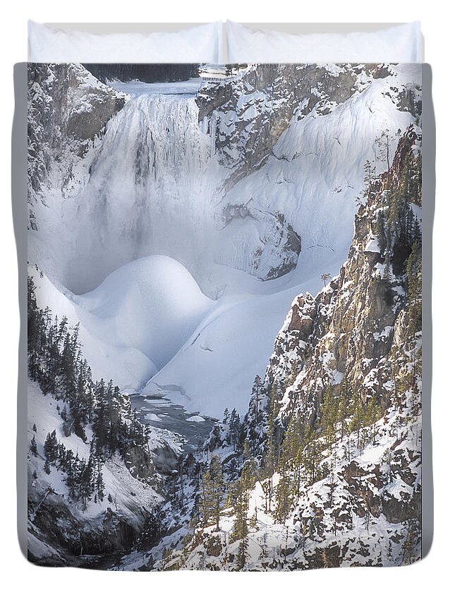 Yellowstone Duvet Cover featuring the photograph Yellowstone - Lower Falls in Winter by Sandra Bronstein