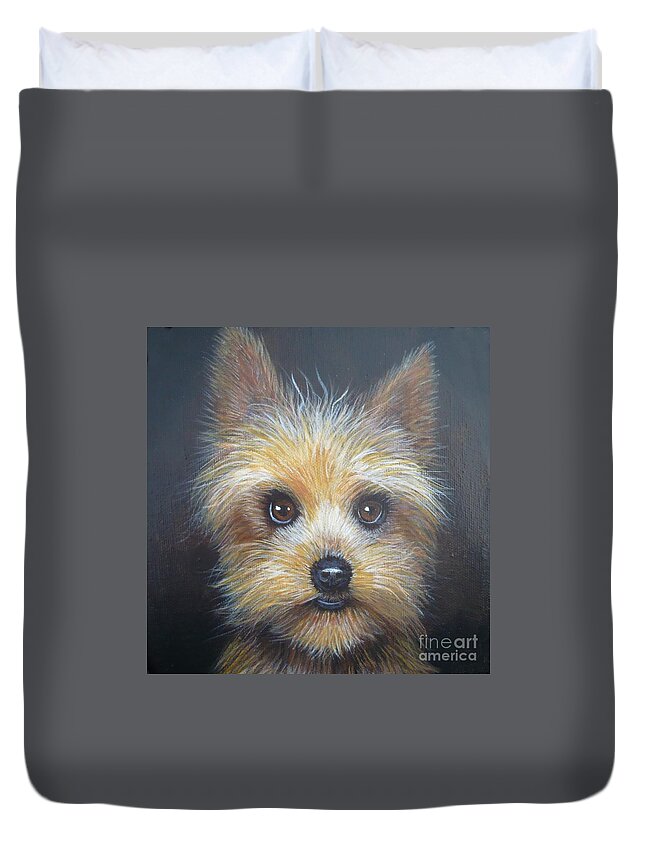 Yorkshire Duvet Cover featuring the painting Yorkshire Terrier by Monika by Monika Shepherdson