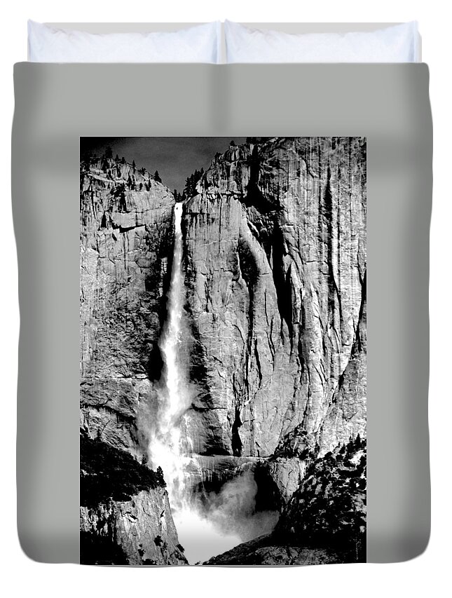 Yosemite Falls Duvet Cover featuring the photograph Yosemite Falls Black and White by Eric Tressler