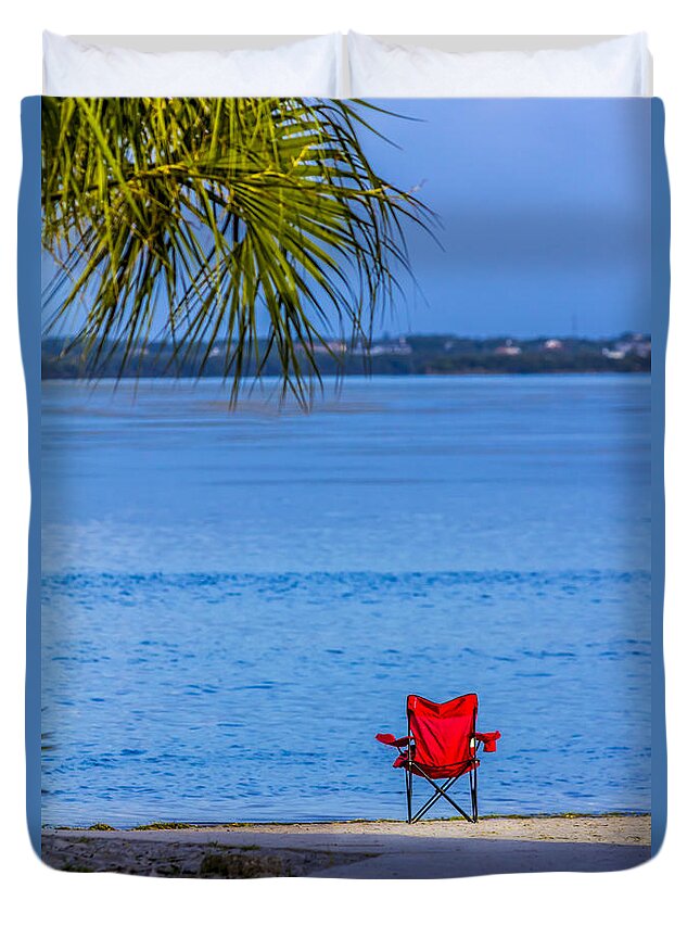 Red Beach Chairs Duvet Cover featuring the photograph You Should be Here by Marvin Spates