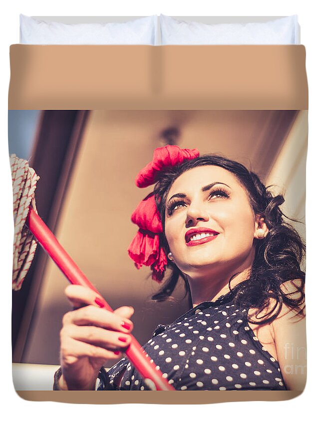 Pinup Duvet Cover featuring the photograph Young 50s brunette housewife holding red mop by Jorgo Photography