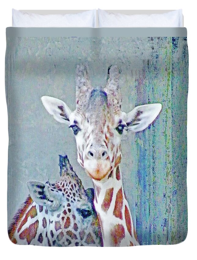 Giraffe Duvet Cover featuring the digital art Young giraffes by Lizi Beard-Ward