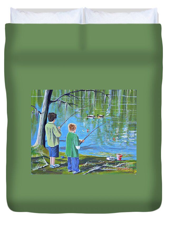 Fishing Duvet Cover featuring the painting Young Lads Fishing by Bill Holkham