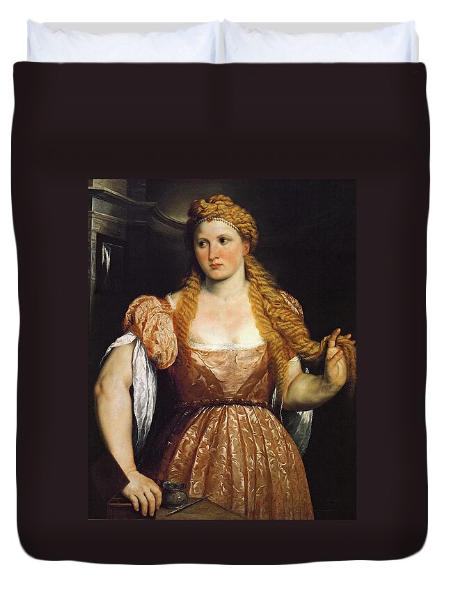 Paris Bordone Duvet Cover featuring the painting Young Woman at Dressing Table by Paris Bordone