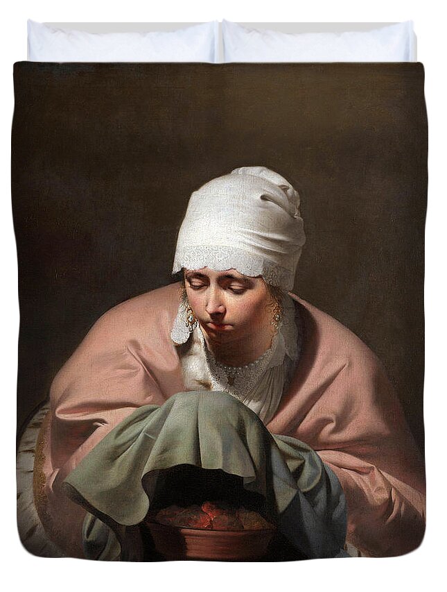 Caesar Van Everdingen Duvet Cover featuring the painting Young Woman Warming her Hands over a Brazier by Caesar van Everdingen