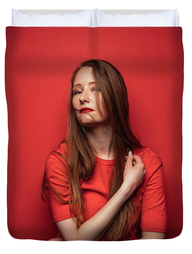 People Duvet Cover featuring the photograph Young Woman With Red Hair On Red by Ian Ross Pettigrew
